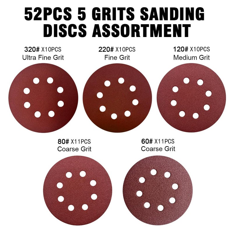 OUKEYA 52 Pack 5 Inch 8-Hole Hook and Loop Sanding Discs Sandpaper Red Round 60 80 120 220 320 Mixed Grits Sandpaper for Random Orbital Sander - Image 4